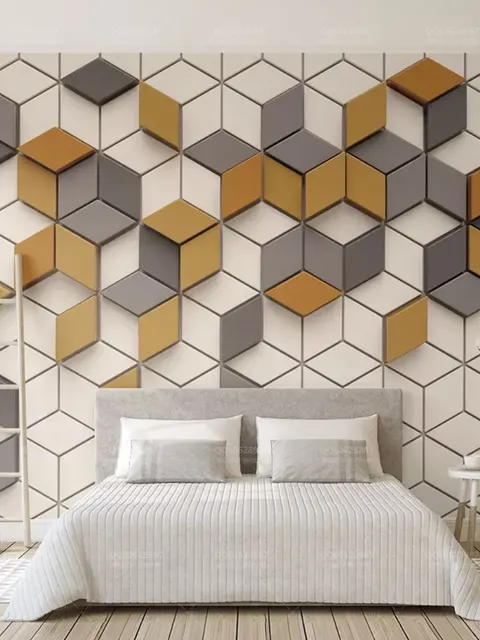 Papier peint panoramique jaune gris géométrique à motif en nid d'abeille