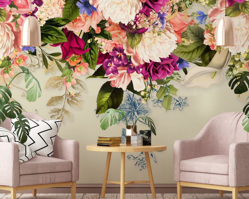 Classical Colorful Vine Flowers Wallpaper Mural