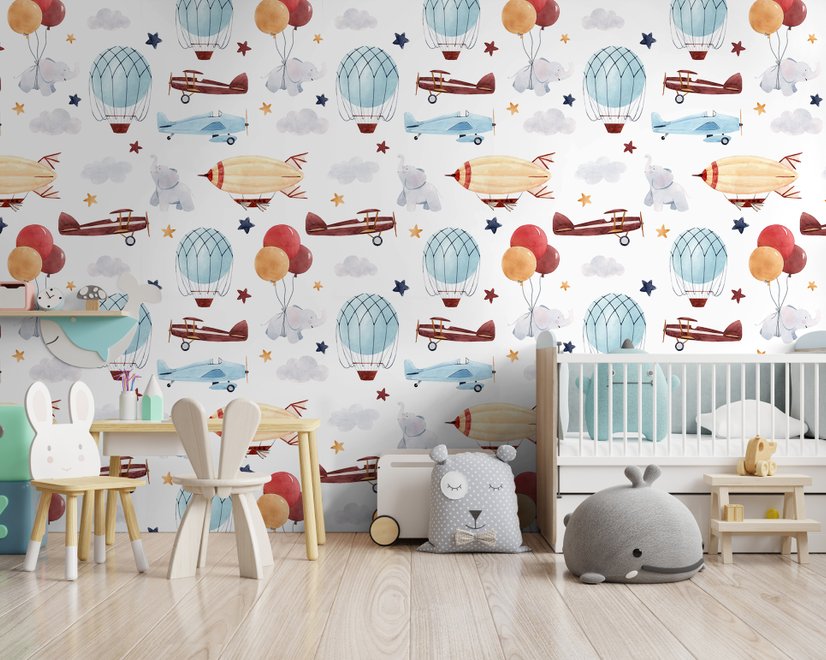 Kids Vintage Hot Air Balloon and Aircraft Pattern Wallpaper Mural