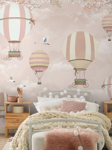 Kinder Fototapete: Rosa Heißluftballon und Kirschblüten