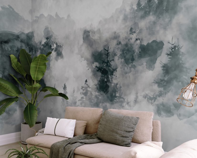 Watercolor Style Abstract Misty Dark Forest Wallpaper Mural