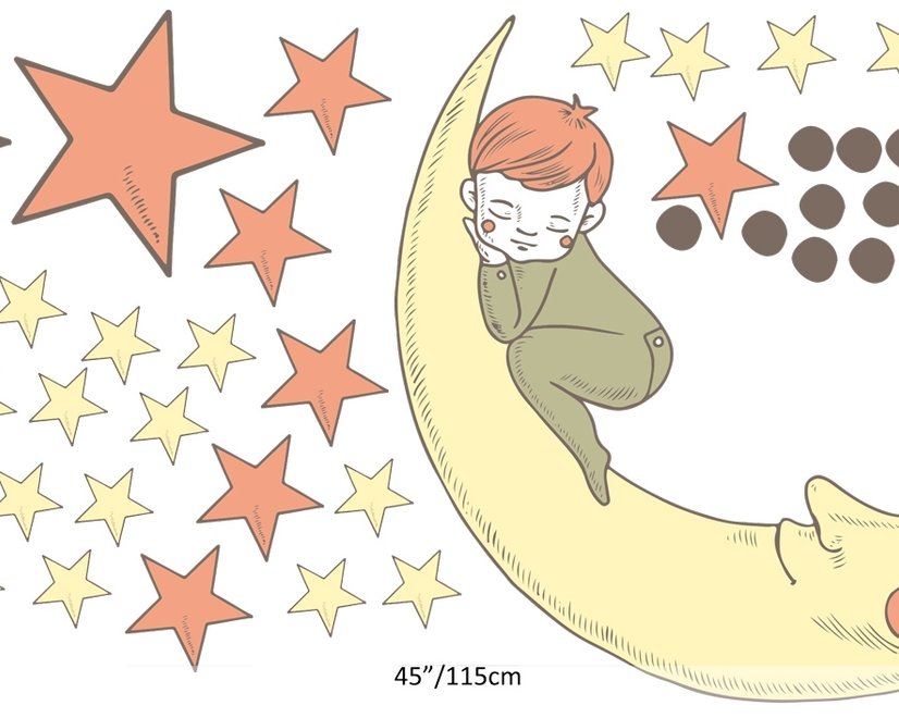 Nursery Smiling Moon with Orange and Yellow Stars Wall Decal Sticker