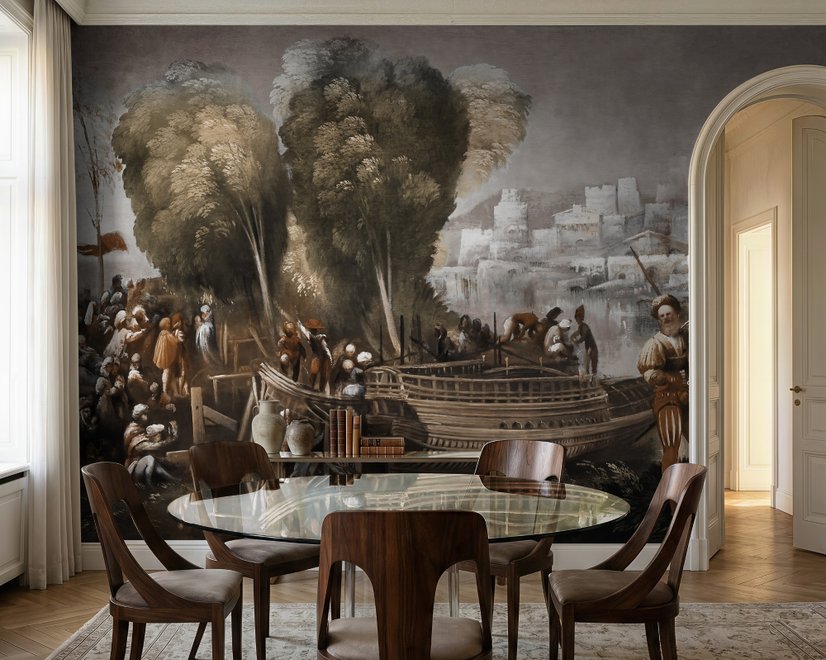 Medieval Lake Landscape with Boats Wallpaper Mural