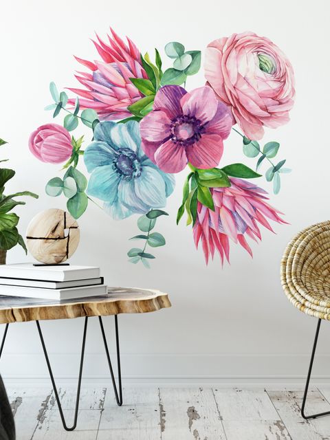 Stickers muraux floral de protea rose avec renoncule et tulipes aquarelle