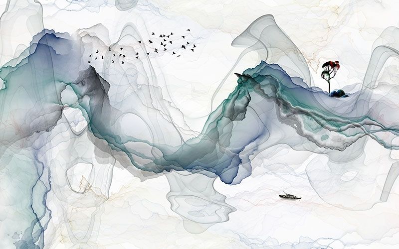 Abstract Colorful Smoke with Tree Wallpaper Mural