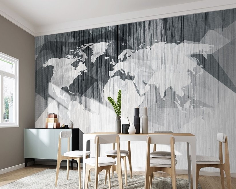 Monochrome Polygonal World Map with Abstract Lines Wallpaper Mural