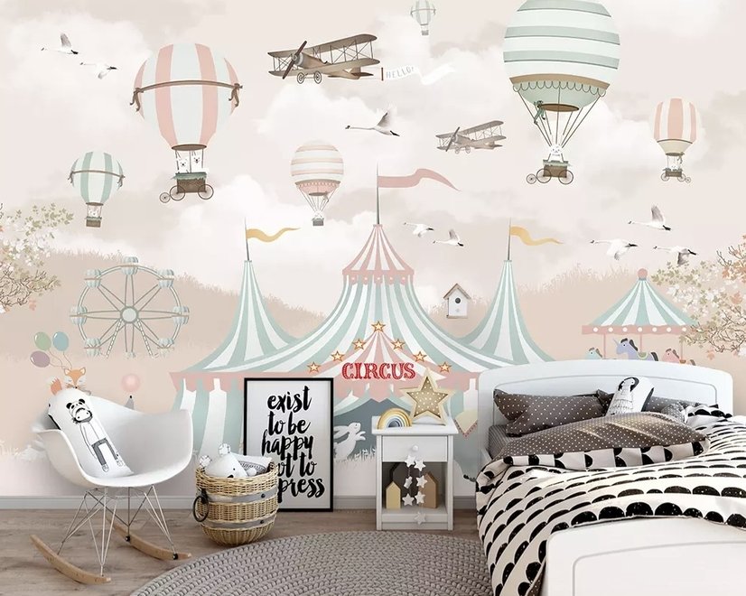Papier peint panoramique cirque de dessin animé pour enfants avec montgolfière