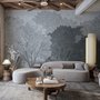 Light gray wallpaper mural with misty forest trees, falling leaves and birds