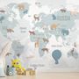 Kinder Blaue Politische Weltkarte mit Bunte Tiersilhouetten Fototapete