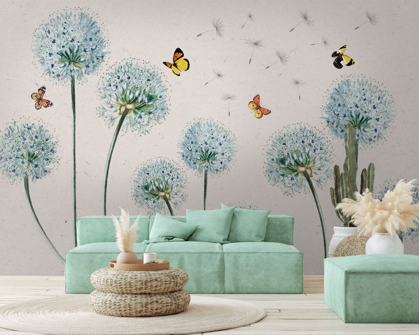 Blue Dandelion and Yellow Butterflies Wallpaper Mural