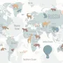 Kids Blue Political World Map with Colorful Animal Silhouette Wallpaper Mural
