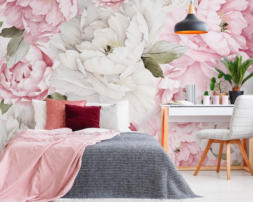 Nursery Watercolor Pink Peony Floral Blossom Wallpaper Mural