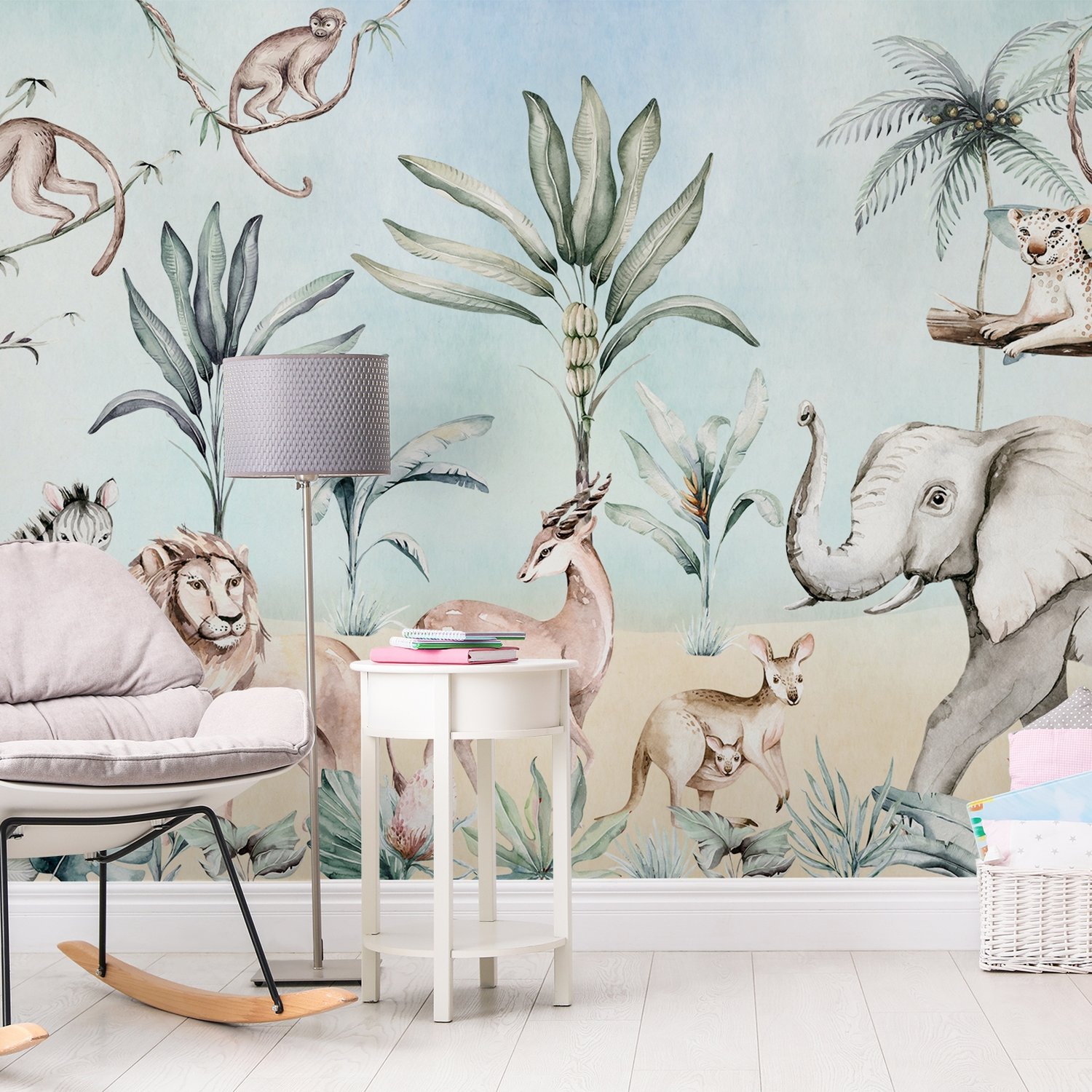 Jungle Animals with Banana Trees Kids Tropical Plants Wallpaper Mural - Peel and Stick