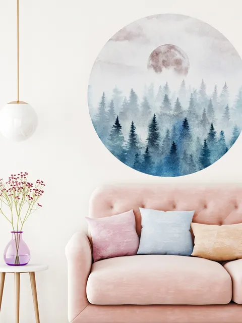 Stickers muraux cercle forêt brumeuse avec lune montante
