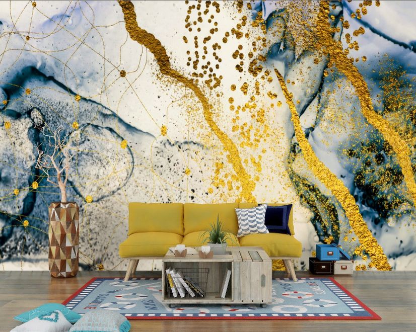 Dark Blue Ocean Brushes with Gold Style Waves Wallpaper Mural