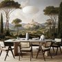 Vintage oil painting wallpaper of cypress trees, villas and a domed cathedral in an Italian landscape