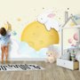 Papier peint panoramique mural lapin cartoon et lune jaune pour bébé