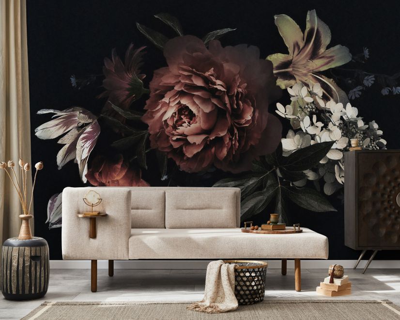 Dark Floral Bouquet with Red Peony and Lily Wallpaper Mural