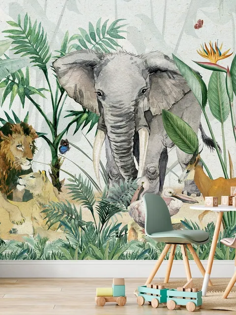 Papier peint animaux de safari tropicaux avec feuilles vertes pour enfants