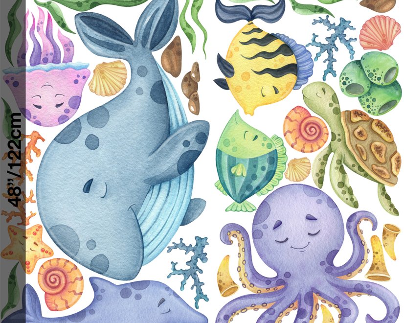 Sticker mural sous-marin bébé avec baleine mignonne et animaux marins