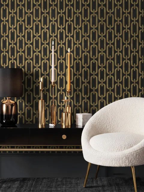 Black wallpaper with gold vertical chain link Art Deco repeat on a textured charcoal ground