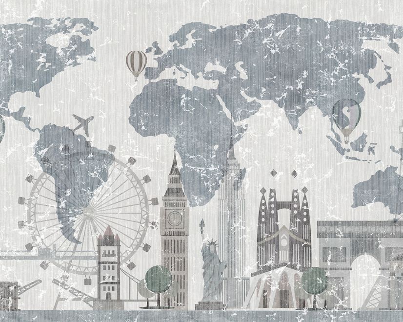 Vintage World Map with Old Hot Air Balloon Wallpaper Mural