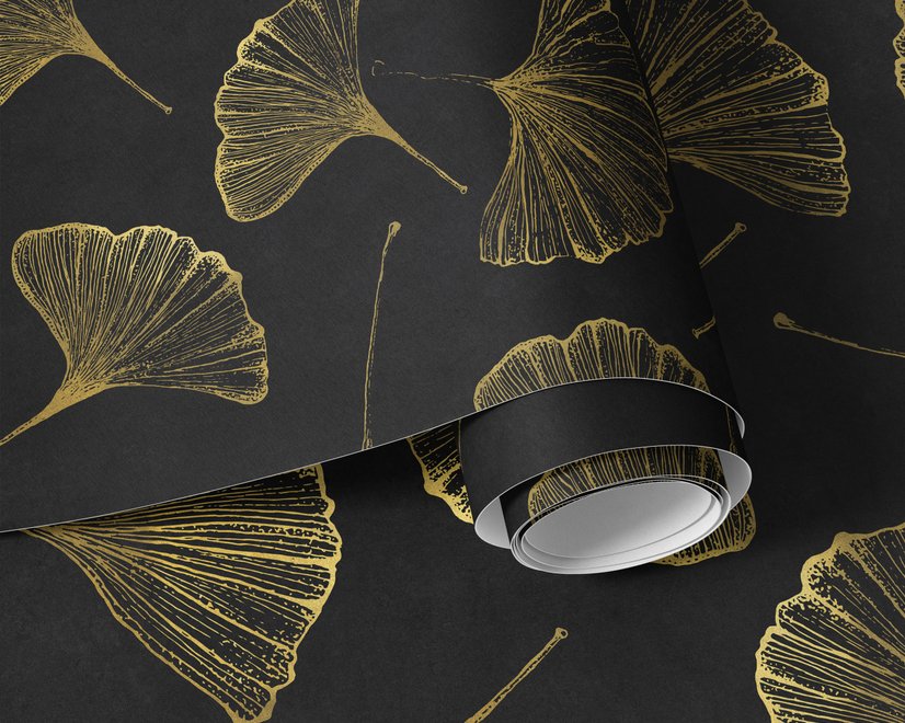 Black wallpaper with antique metallic gold ginkgo leaves on a mottled charcoal ground