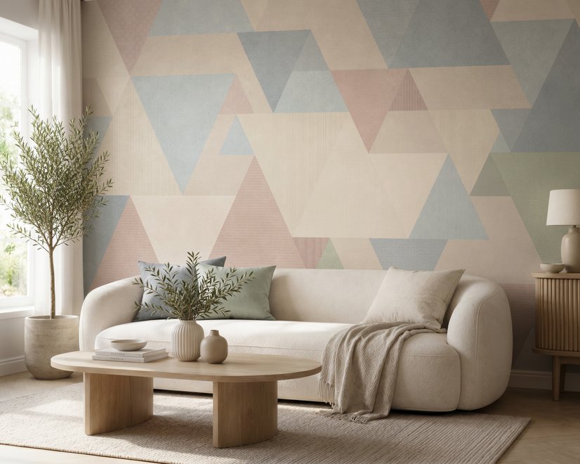 Pastel abstract wallpaper with overlapping sky blue, blush, cream, sage and grey textured triangles