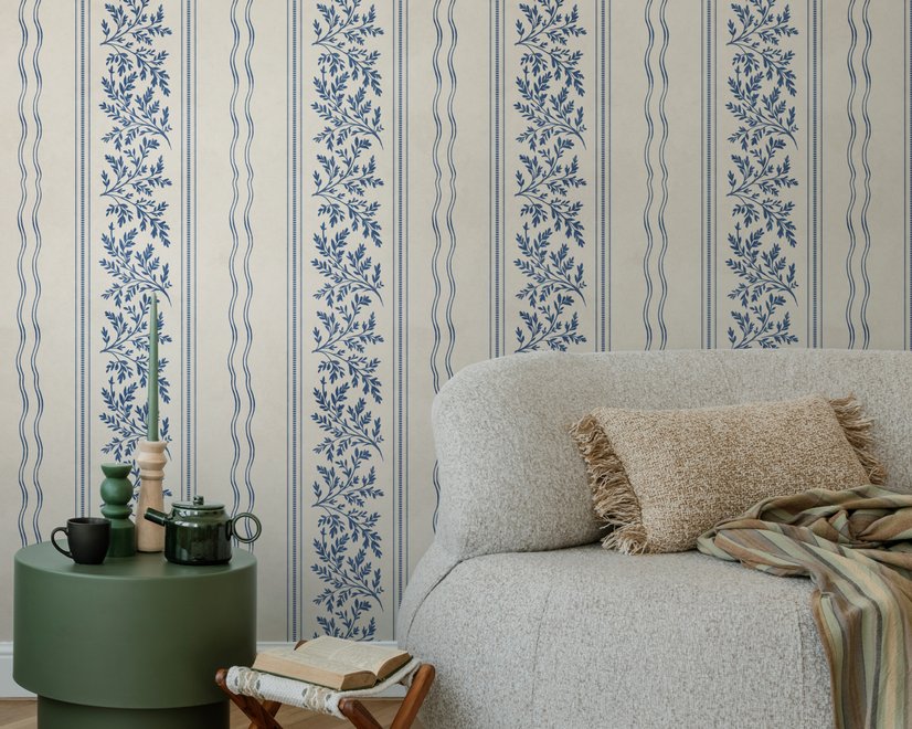 Blue wallpaper with indigo botanical stripework, pinstripes and dotted borders on warm cream parchment