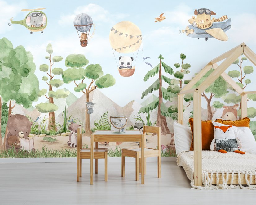 Kids Forest Animals with Flying Animals Wallpaper Mural