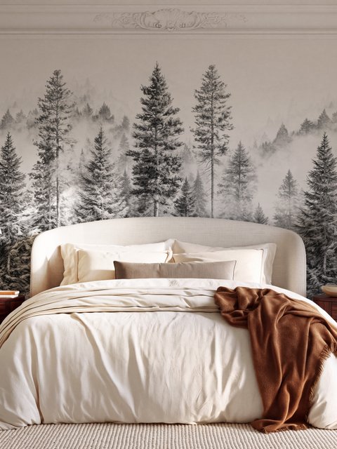 Monochrome forest with fog wallpaper mural showing tall pine trees, firs and silver-grey mist