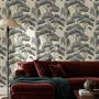 Vintage Japanese tree nature wallpaper with blue-grey canopies, willow foliage, birds and ivory-cream ground