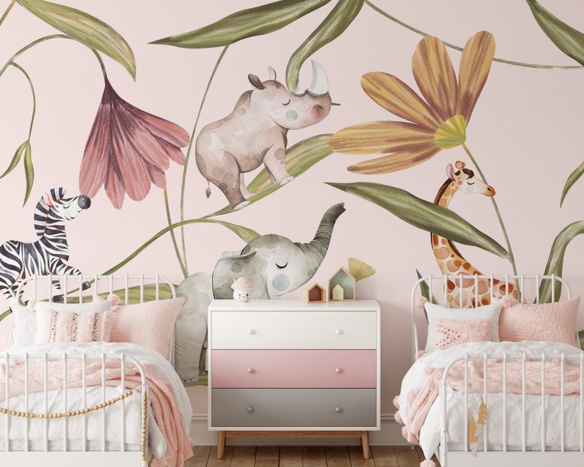 Nursery Tropical Animals with Flowers Wallpaper Mural