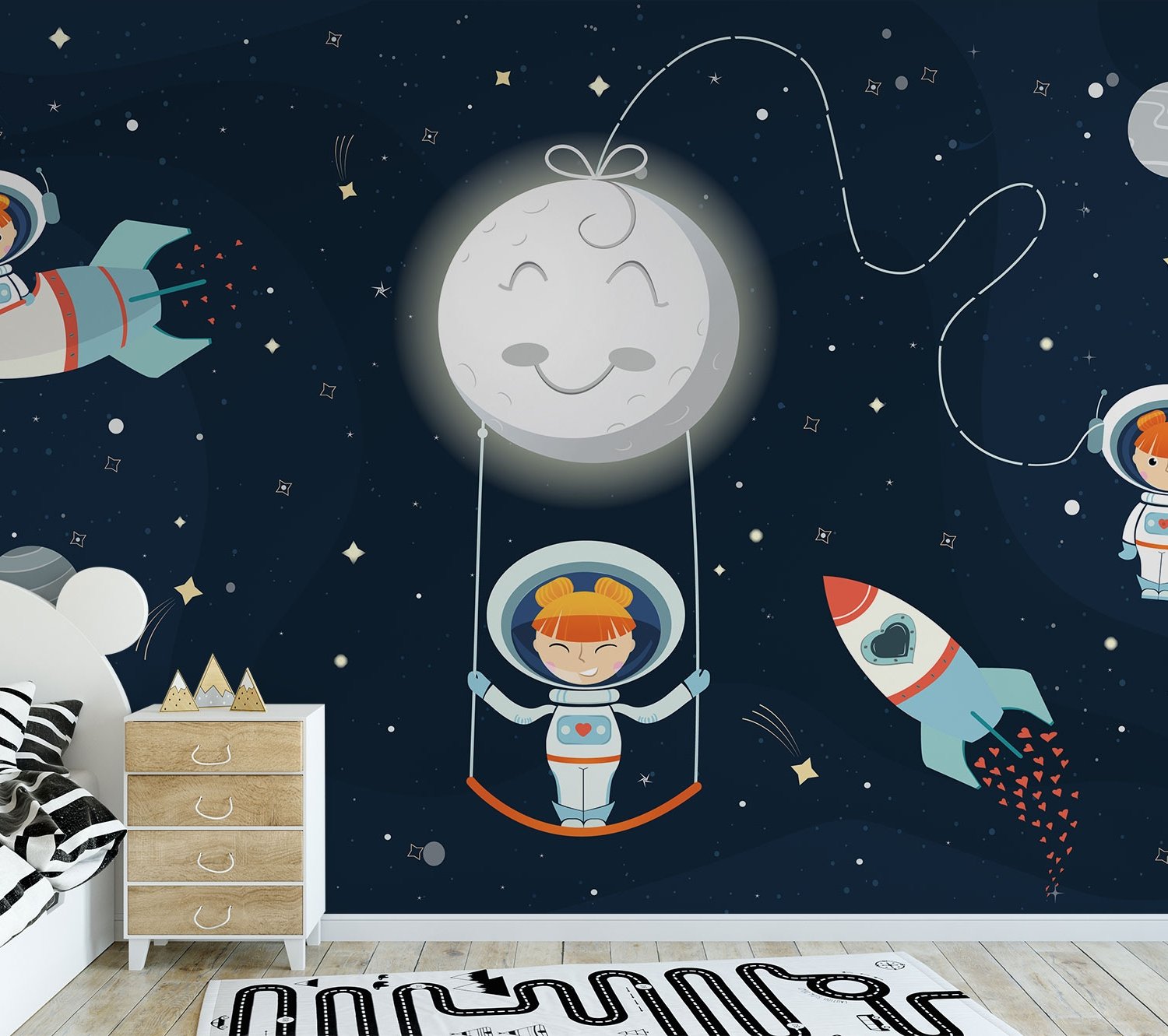 Astronaut Girls in the Space Ship Wallpaper Mural - Peel and Stick