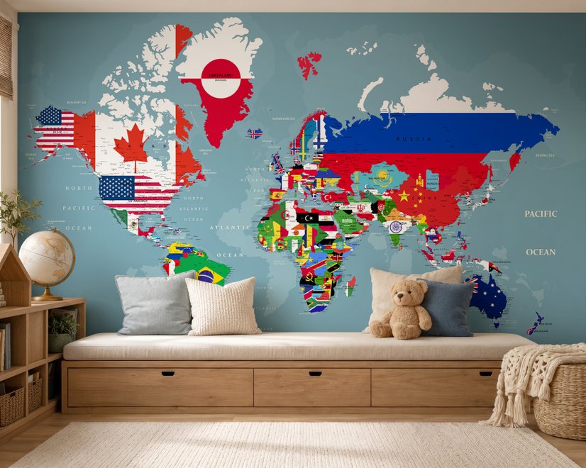 Country Flags on World Map Wallpaper Mural
