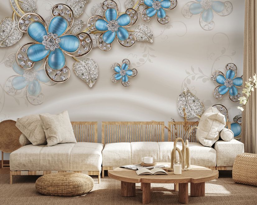 Blue Floral with Jewellery Leaf Wallpaper Mural