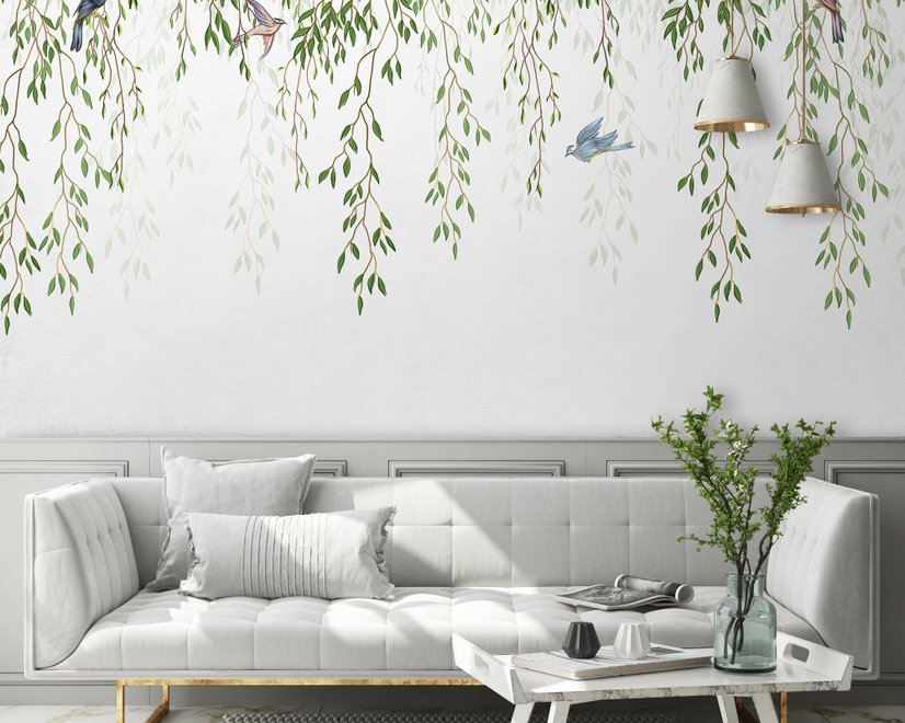 Green Hanging Leaves with Colorful Birds Wallpaper Mural