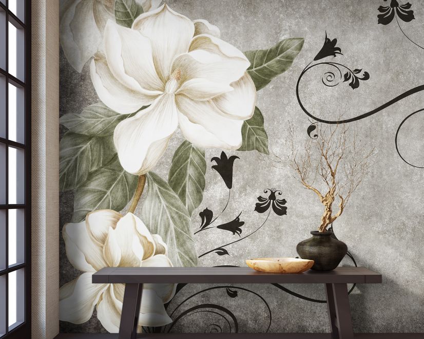 Vintage Cream Flowers Art Wallpaper Mural
