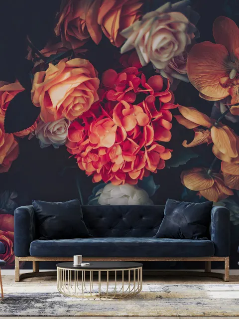 Red Hydrangea Orange Orchid Rose Dark Floral Bouqet Wallpaper Mural