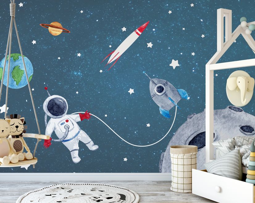 Watercolor Space with Astronaut and Meteor Wallpaper Mural