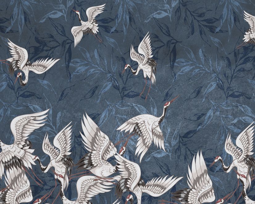 Dark Blue Grunge Style Leaves with Crane Birds Wallpaper Mural