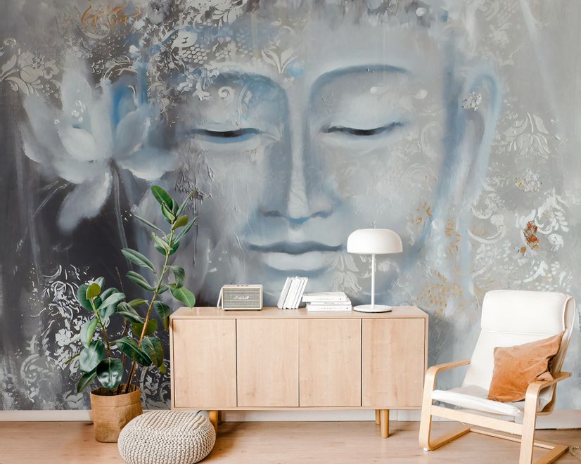 Vintage Buddha mit Lotus Blumen Fototapete