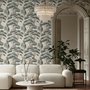 Vintage Japanese tree nature wallpaper with blue-grey canopies, willow foliage, birds and ivory-cream ground