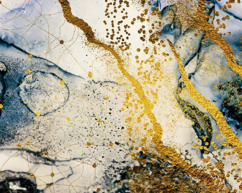 Dunkelblaue Ozean-Pinselstriche mit Goldstil-Wellen Fototapete