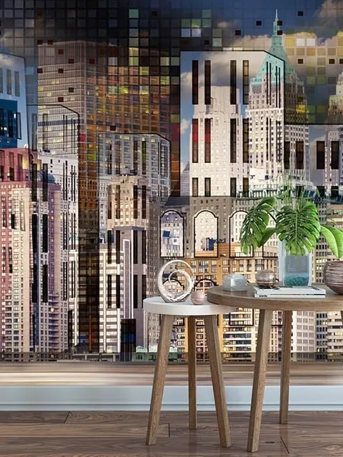 Dark Mosaic City Landscape Wallpaper Mural