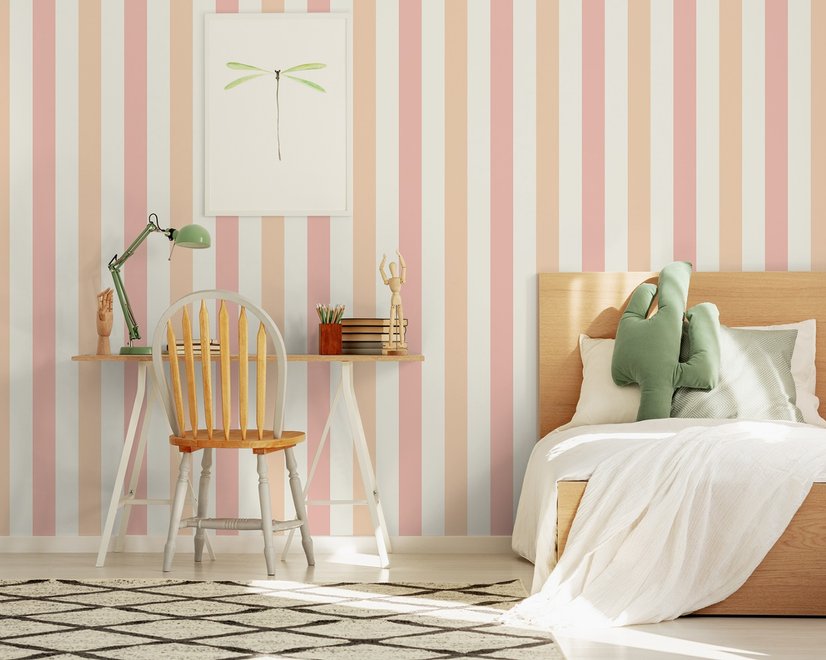 Papier peint panoramique rayé bleu tendre/rose pour chambre d'enfant