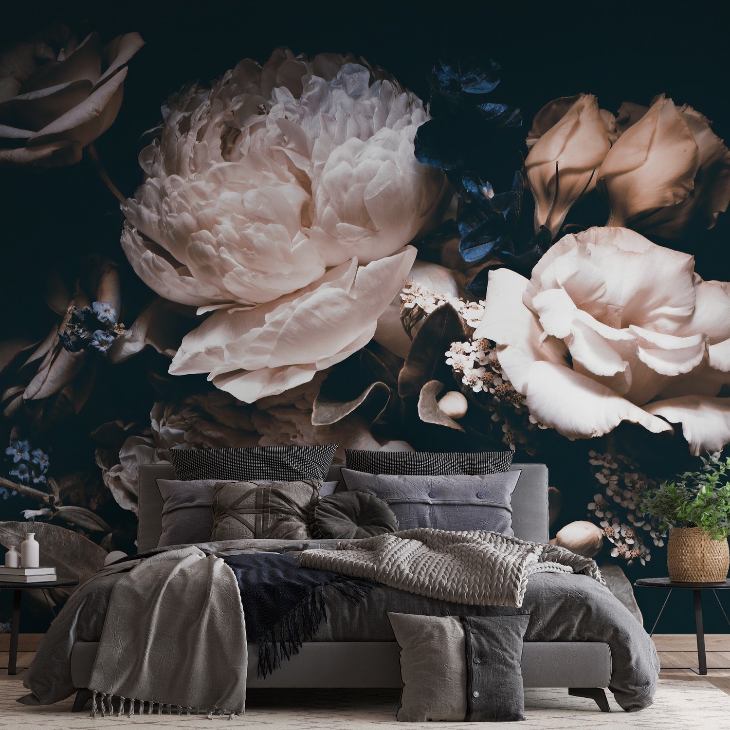 Dark Floral Peony Bouquet Wallpaper Mural - Peel and Stick