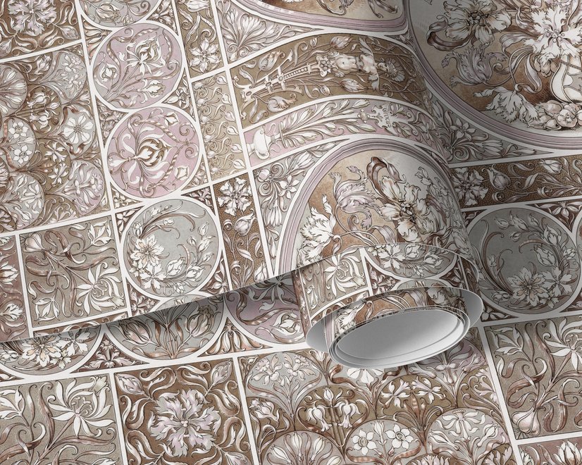 Antique wallpaper mural with Art Nouveau floral tile panels, sepia borders and blush botanical medallions