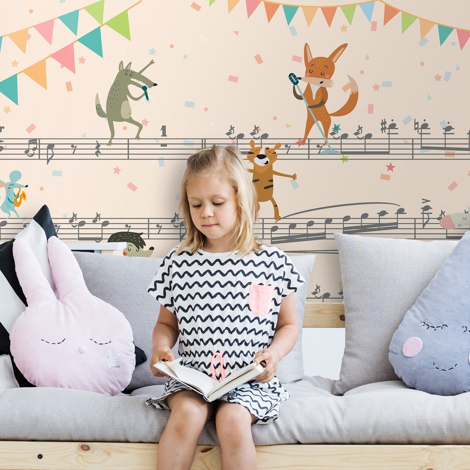Cartoon Animals on Music Notes Wallpaper Mural - Peel and Stick