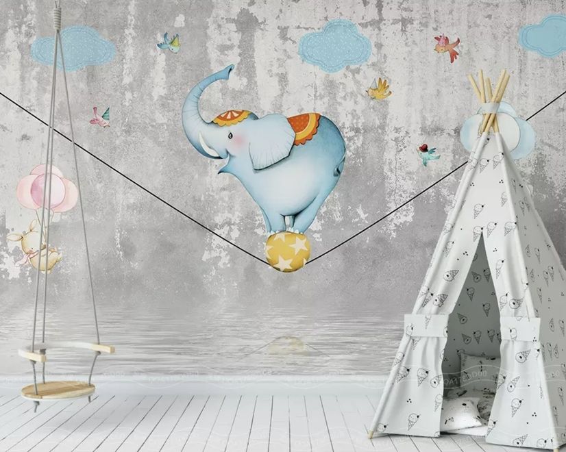 Fototapete mit Cartoon-Elefant auf dem Ball